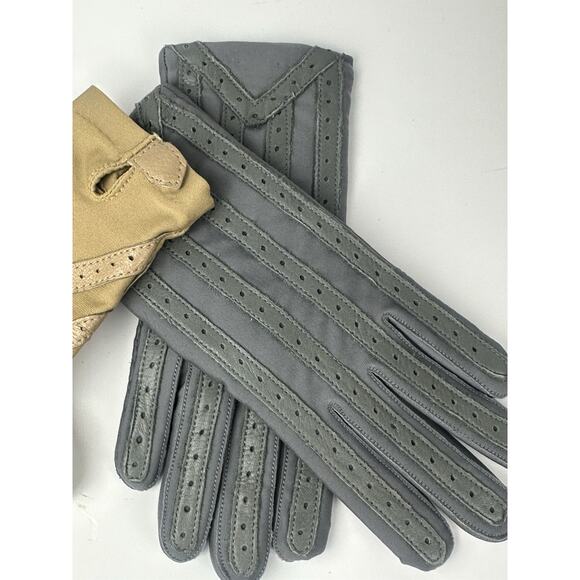 VTG 1980's Woman’s Driving Length Gloves Tan & Gray Stretch Nylon Leather Trim - Picture 3 of 9